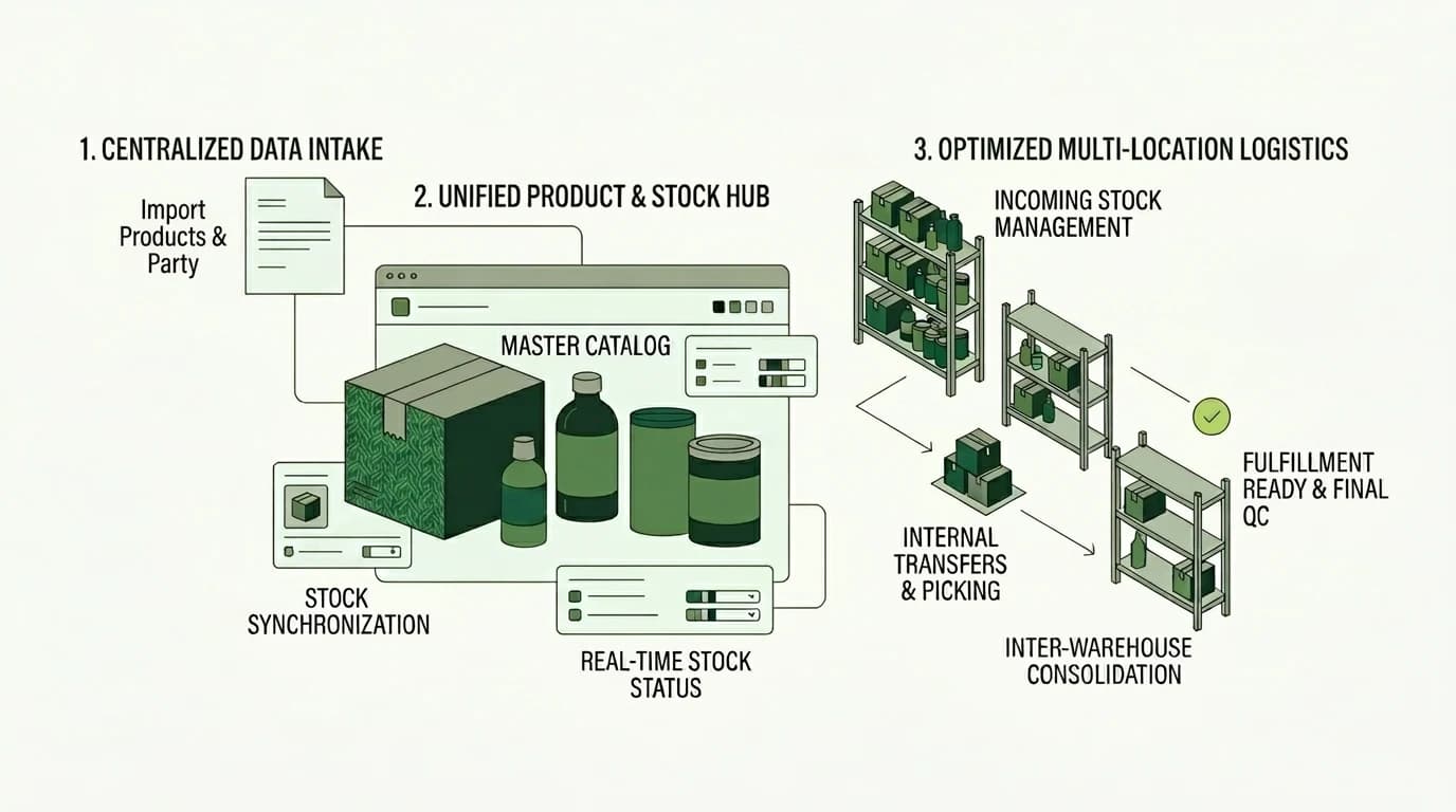 Stock held across multiple warehouses, with transfers moving between them