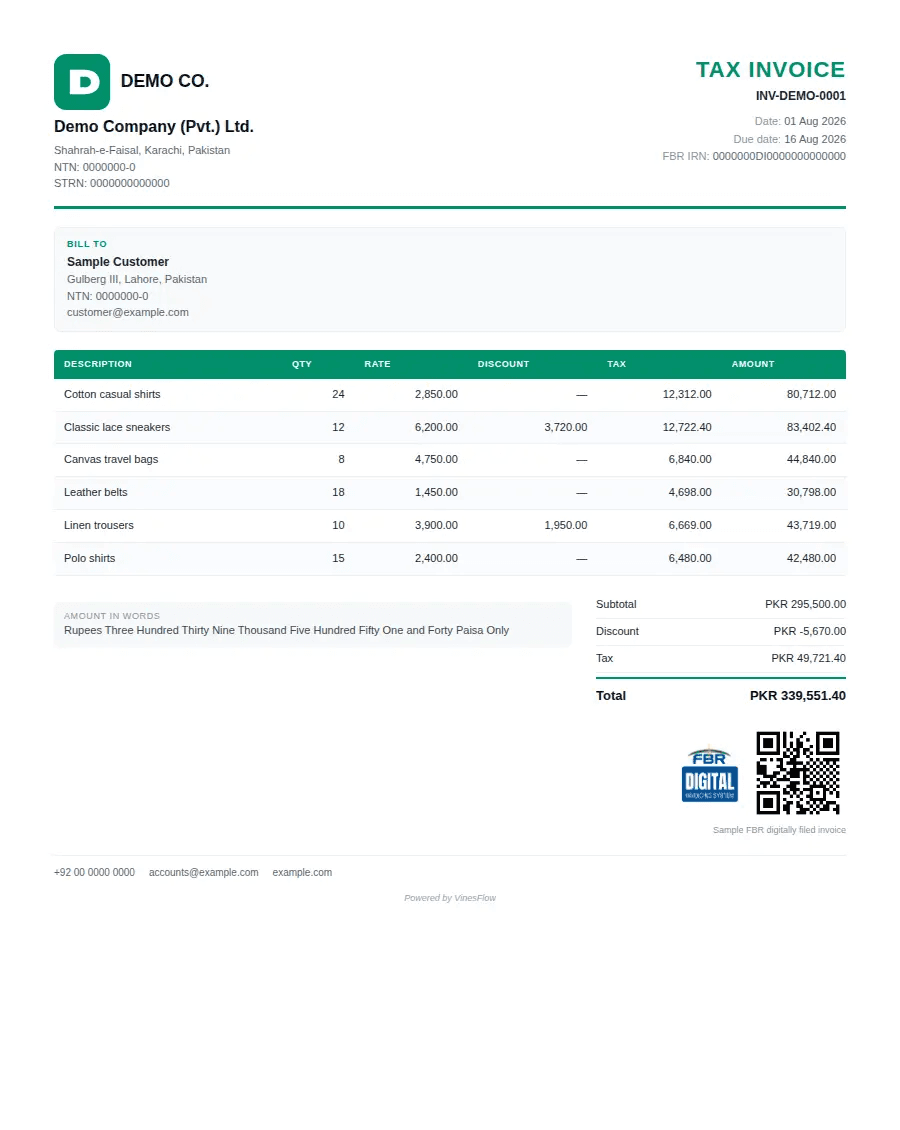 A VinesFlow tax invoice with its FBR IRN and QR code